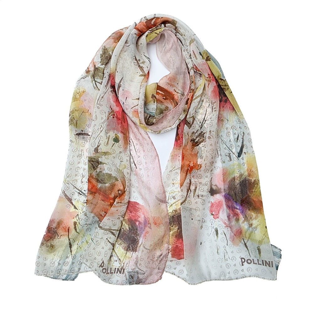 Pollini 100% Silk Scarf Italy Watercolor Floral Monogram Sheer 19x64 Abstract